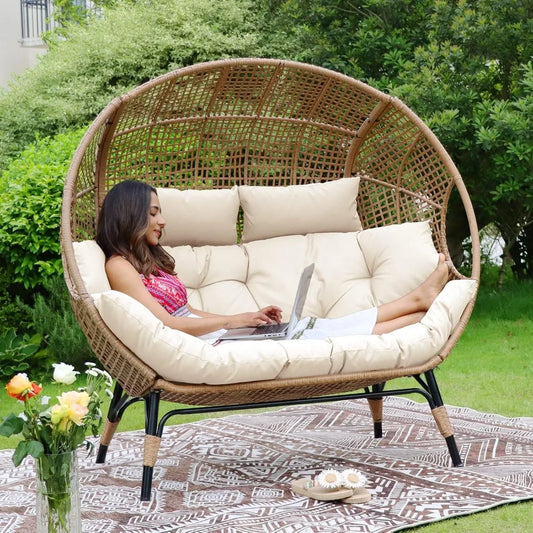 Double Egg Chair,  Beige, Thicken Padded Cushions, Patio