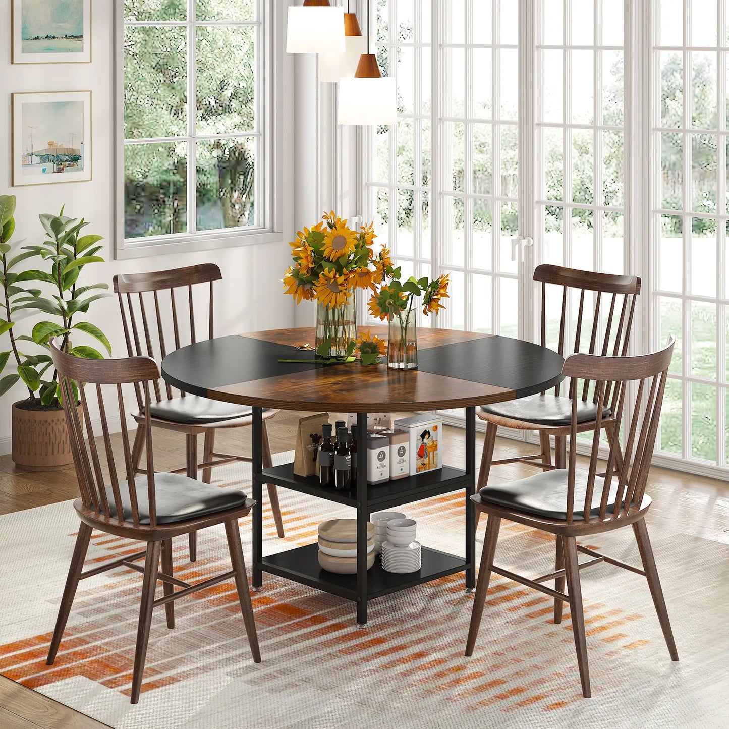 47" Round Dining Table for 4, Wood, Large with Storage Shelf