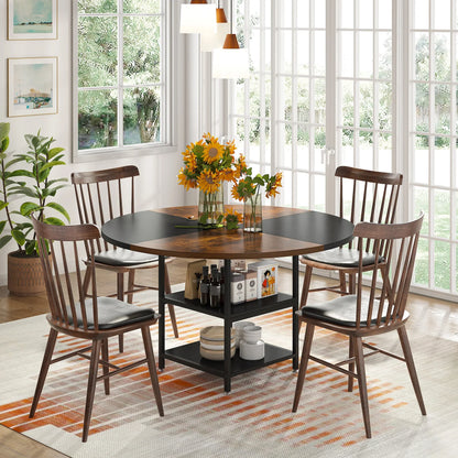 47" Round Dining Table for 4, Wood, Large with Storage Shelf