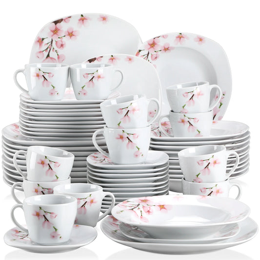 White Ceramic Pink Floral Porcelain Plate Set