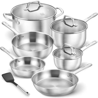 10 Piece Stainless Steel Pots and Pans Set, Oven Safe to 450°F