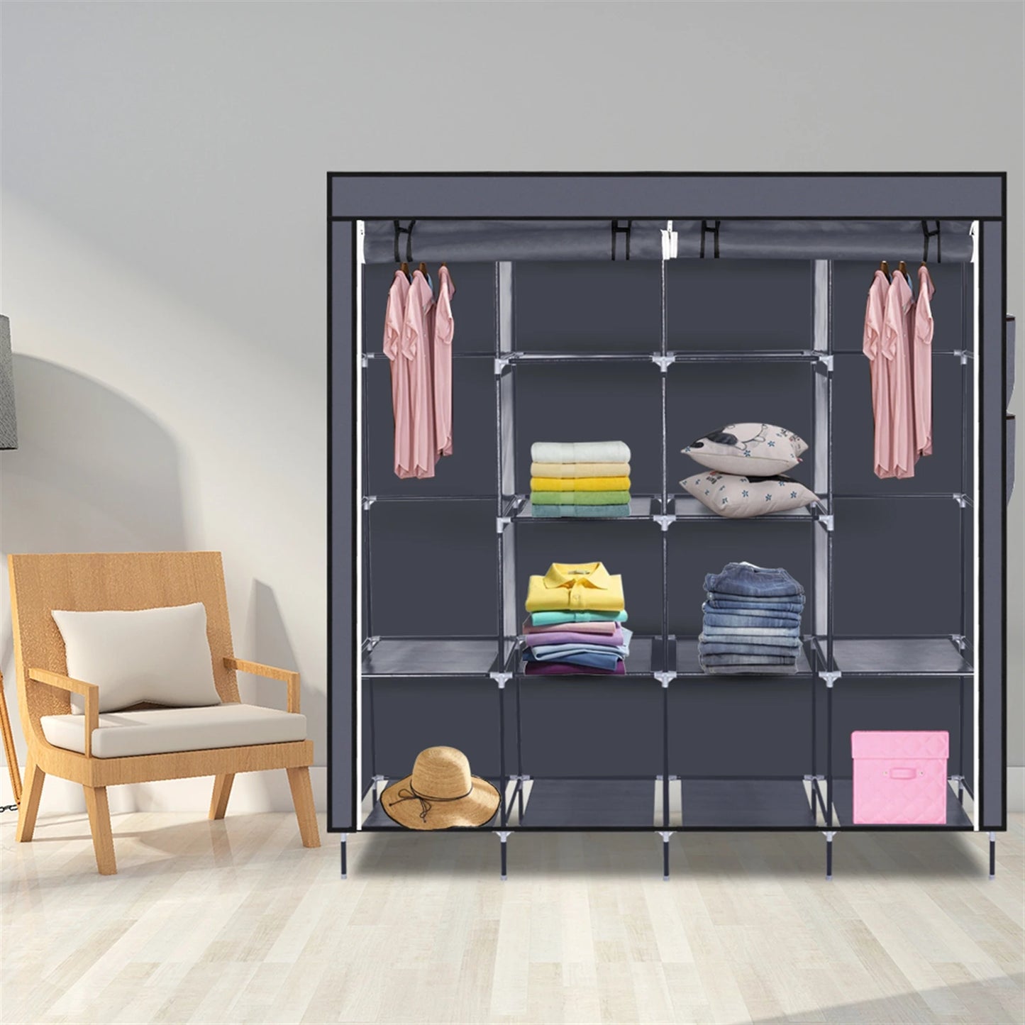 67" Closet Portable Wardrobe Clothes Storage, 12 Shelves, 4 Side Pockets