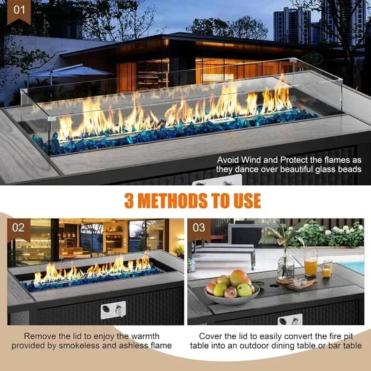 Rectangle Gas Fire Pit Table with Lid & Glass Wind Guard