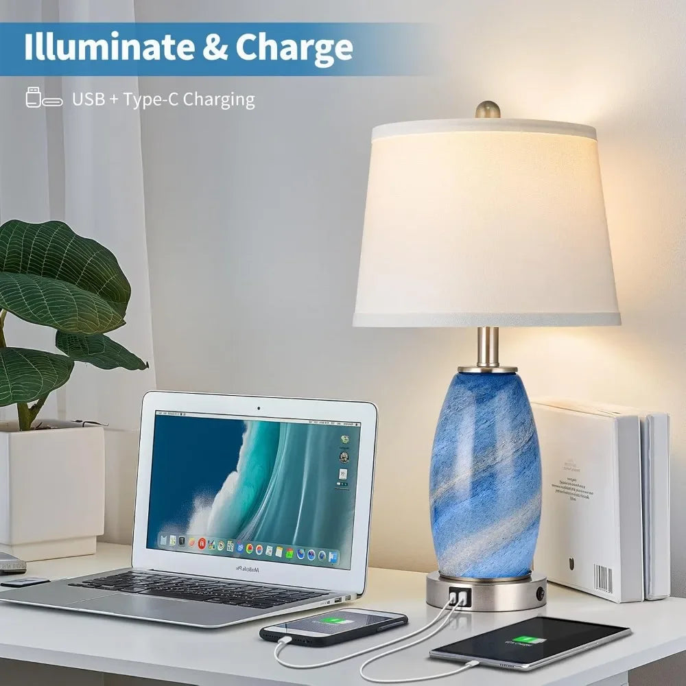 Blue Lamps Set Of 2,  3-Way Lighting Modes & USB port