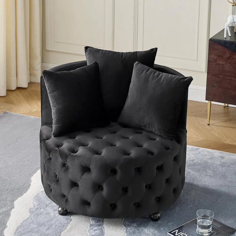 30” Swivel Barrel Chair,  Modern Velvet with 3 Pillows and Wheels