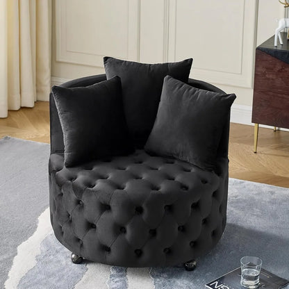 30” Swivel Barrel Chair,  Modern Velvet with 3 Pillows and Wheels