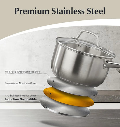10 Piece Stainless Steel Pots and Pans Set, Oven Safe to 450°F