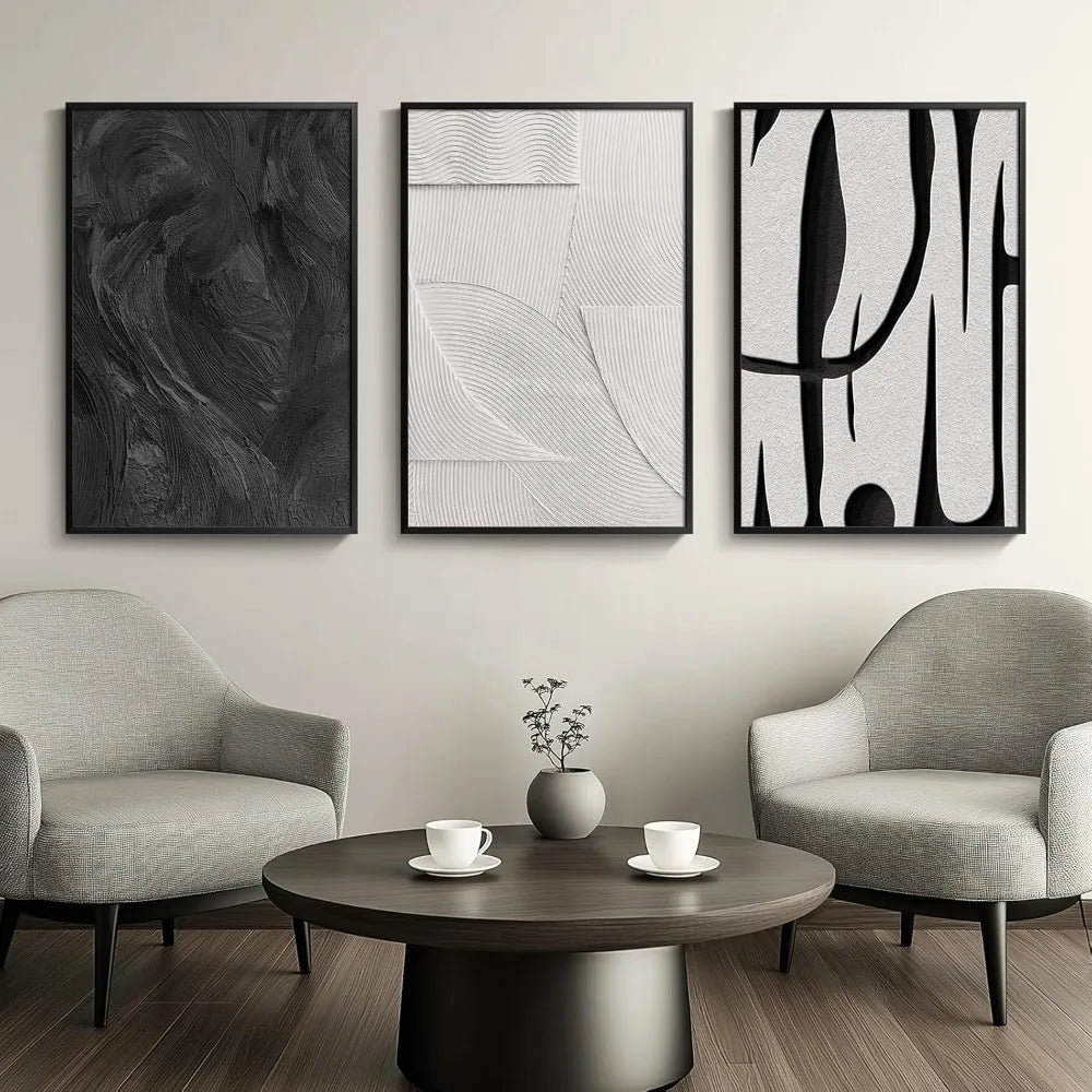 Large Framed Black and White Abstract Wall Art, 3 Piece Canvas