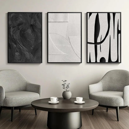 Large Framed Black and White Abstract Wall Art, 3 Piece Canvas
