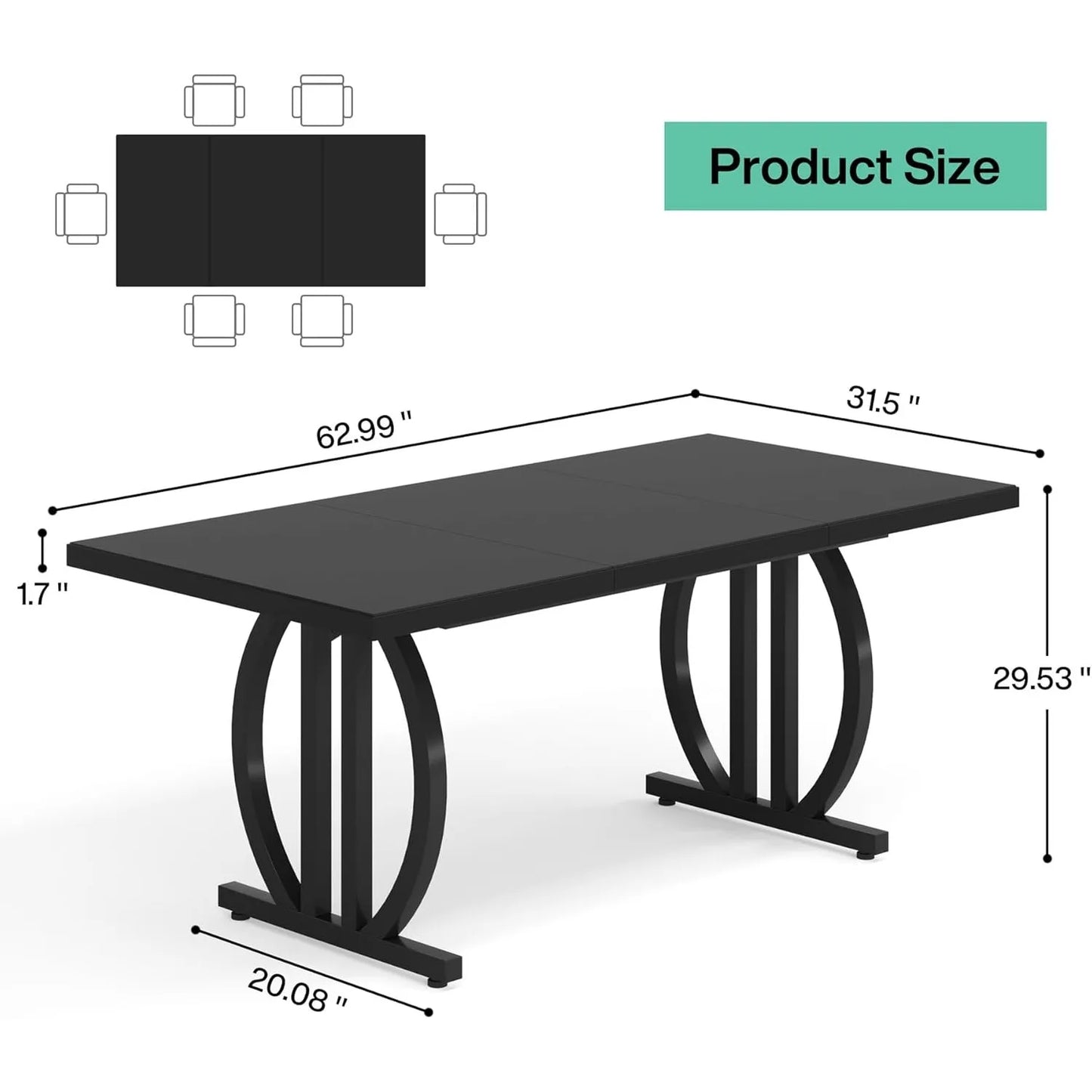 63" Dining Table for 4-6, Large Rectangular, Unique Modern