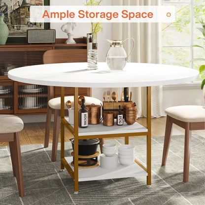 47" Round Dining Table for 4, Wood, Large with Storage Shelf