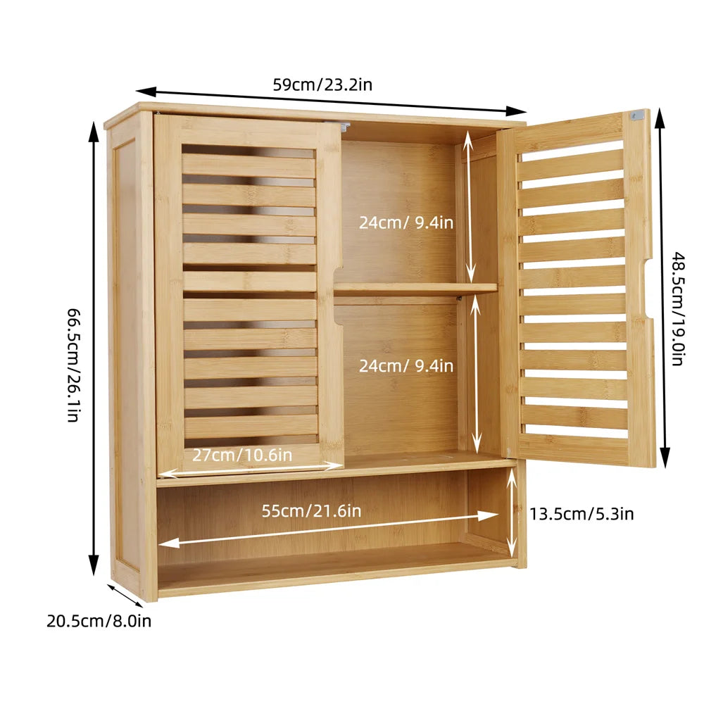 Natural Bamboo Cabinet, Wall Mounted, Storage, Organizer 3 Tier Shelf