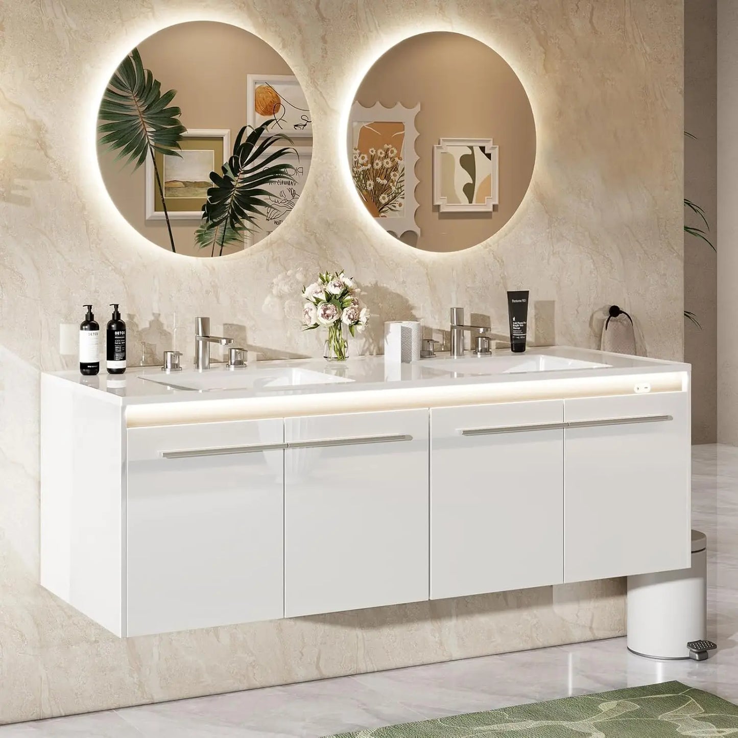 60" LED Floating Double Vanity cabinets with Sink, Wall Mounted