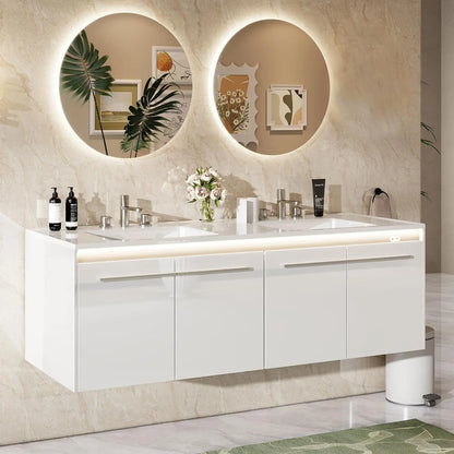 60" LED Floating Double Vanity cabinets with Sink, Wall Mounted