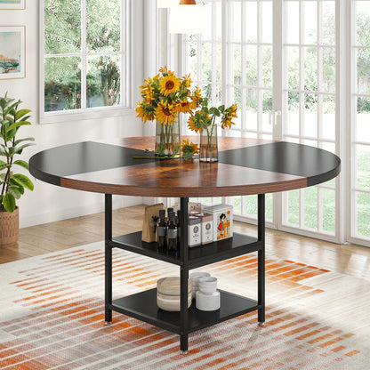 47" Round Dining Table for 4, Wood, Large with Storage Shelf