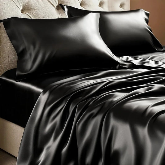4 Piece Set Luxury Black Satin Sheets, Queen Size