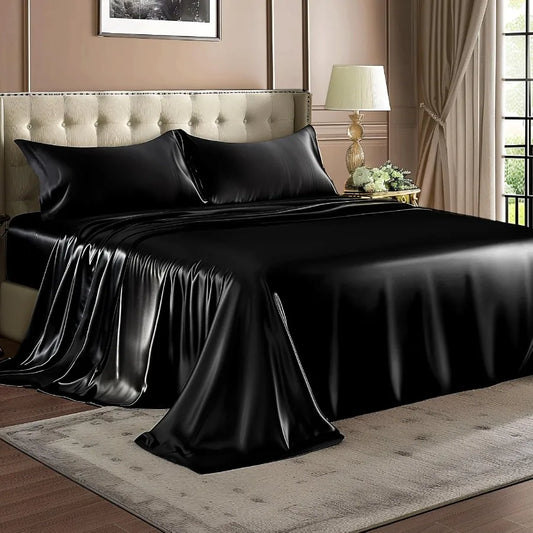 4 Piece Set Luxury Black Satin Sheets, Queen Size