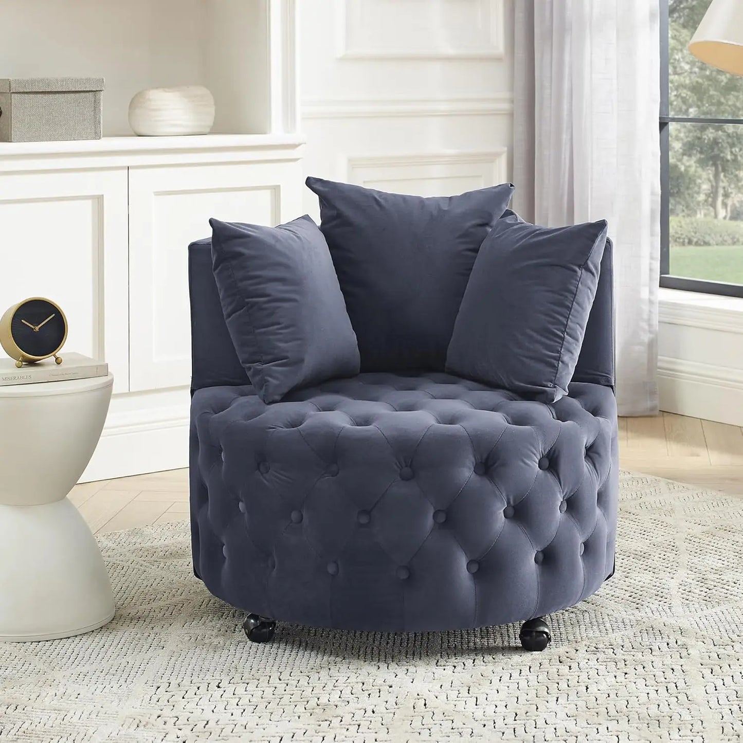 30” Swivel Barrel Chair,  Modern Velvet with 3 Pillows and Wheels