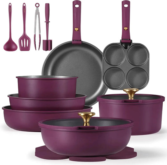 21pcs Pots and Pans, Nonstick Cookware Set, Detachable Handle