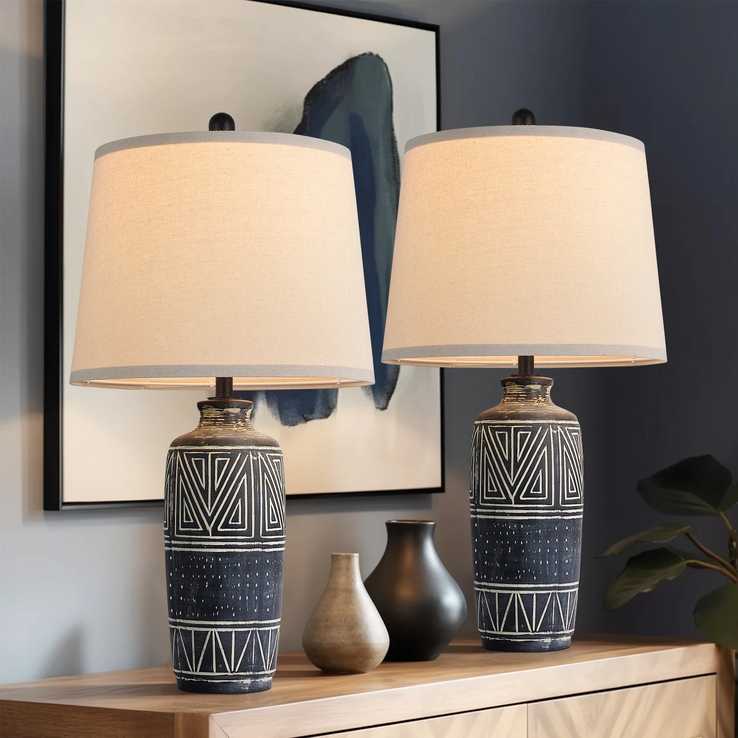 2 Pack 25-Inch Carved Geometric Ceramic Table Lamps/Linen Shade