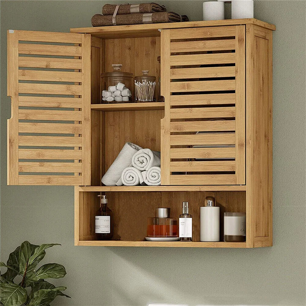 Natural Bamboo Cabinet, Wall Mounted, Storage, Organizer 3 Tier Shelf