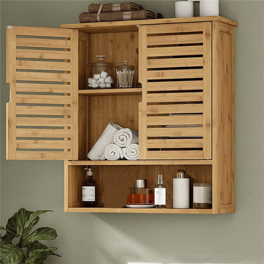 Natural Bamboo Cabinet, Wall Mounted, Storage, Organizer 3 Tier Shelf