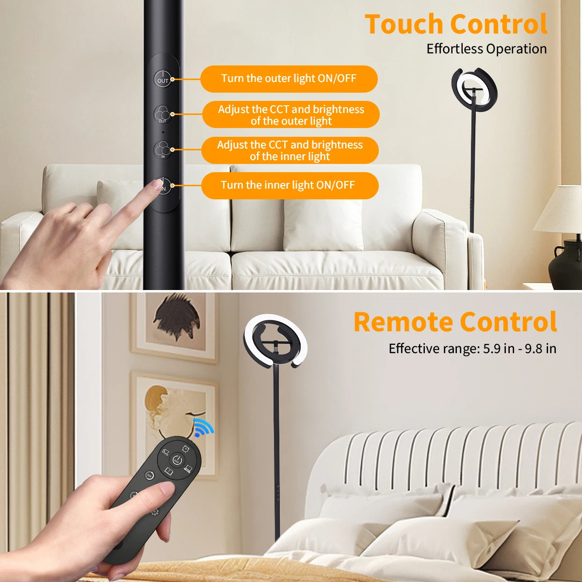 LED Floor Lamp, 2 Rotatable Lights, Remote/Touch Control