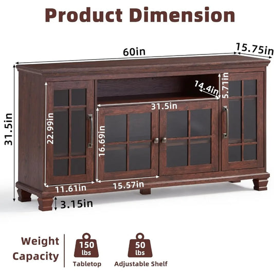 60" Buffet Cabinet with Storage, Vintage Walnut, Glass Doors
