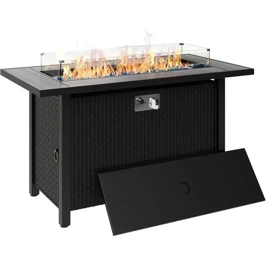 Rectangle Gas Fire Pit Table with Lid & Glass Wind Guard