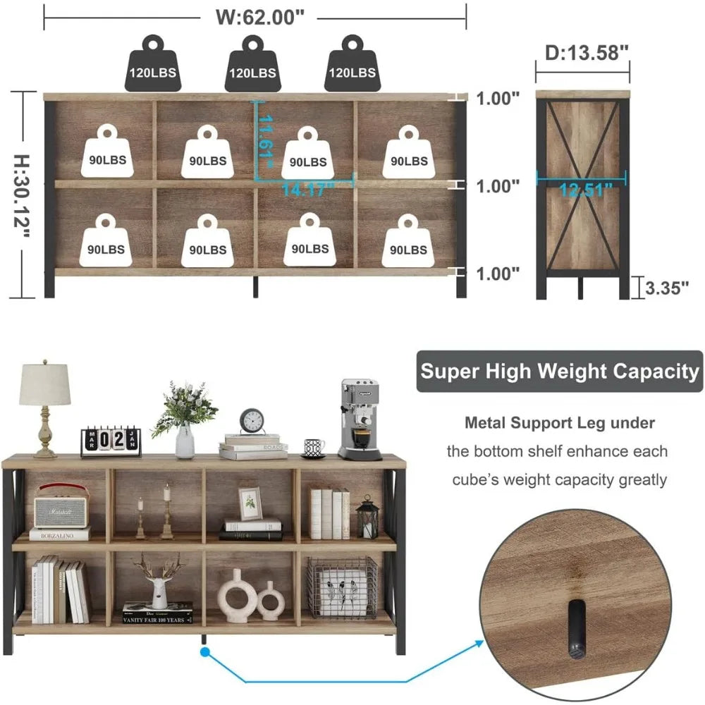 62 Inch High quality 8 Cube Storage Organizer, Rustic Wood