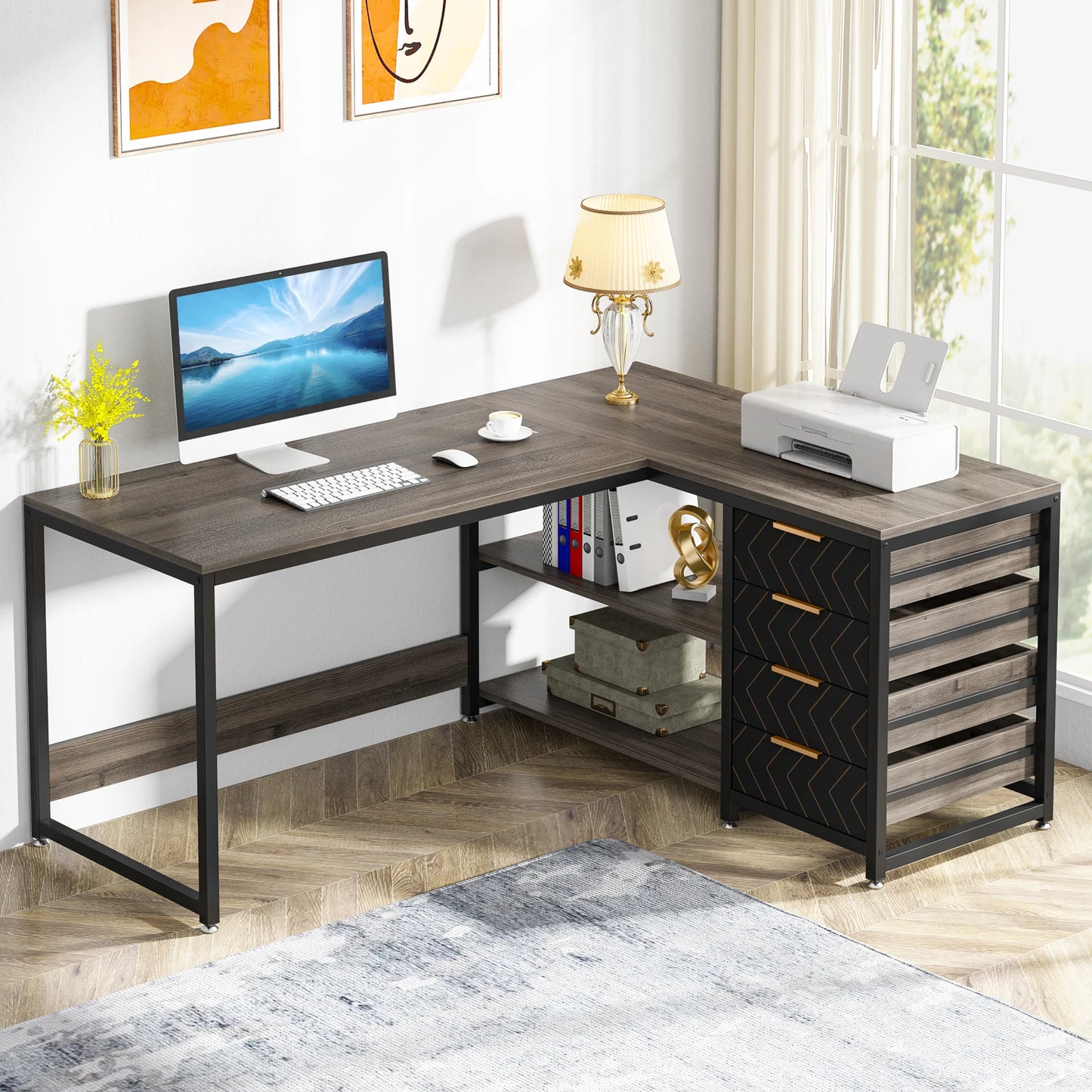 59" Computer Desk with Storage Drawers,  L Shaped Corner
