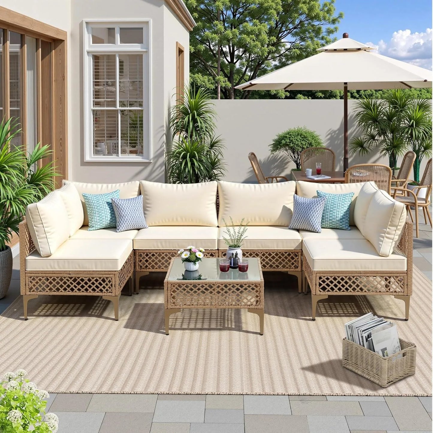 7 Piece Outdoor Wicker Patio Set, Sofa/Couch & Coffee Table