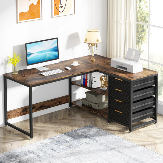 59" Computer Desk with Storage Drawers,  L Shaped Corner