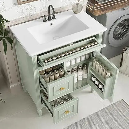 30 Inch Vanity Cabinet and Drawers with Sink, Solid Wood
