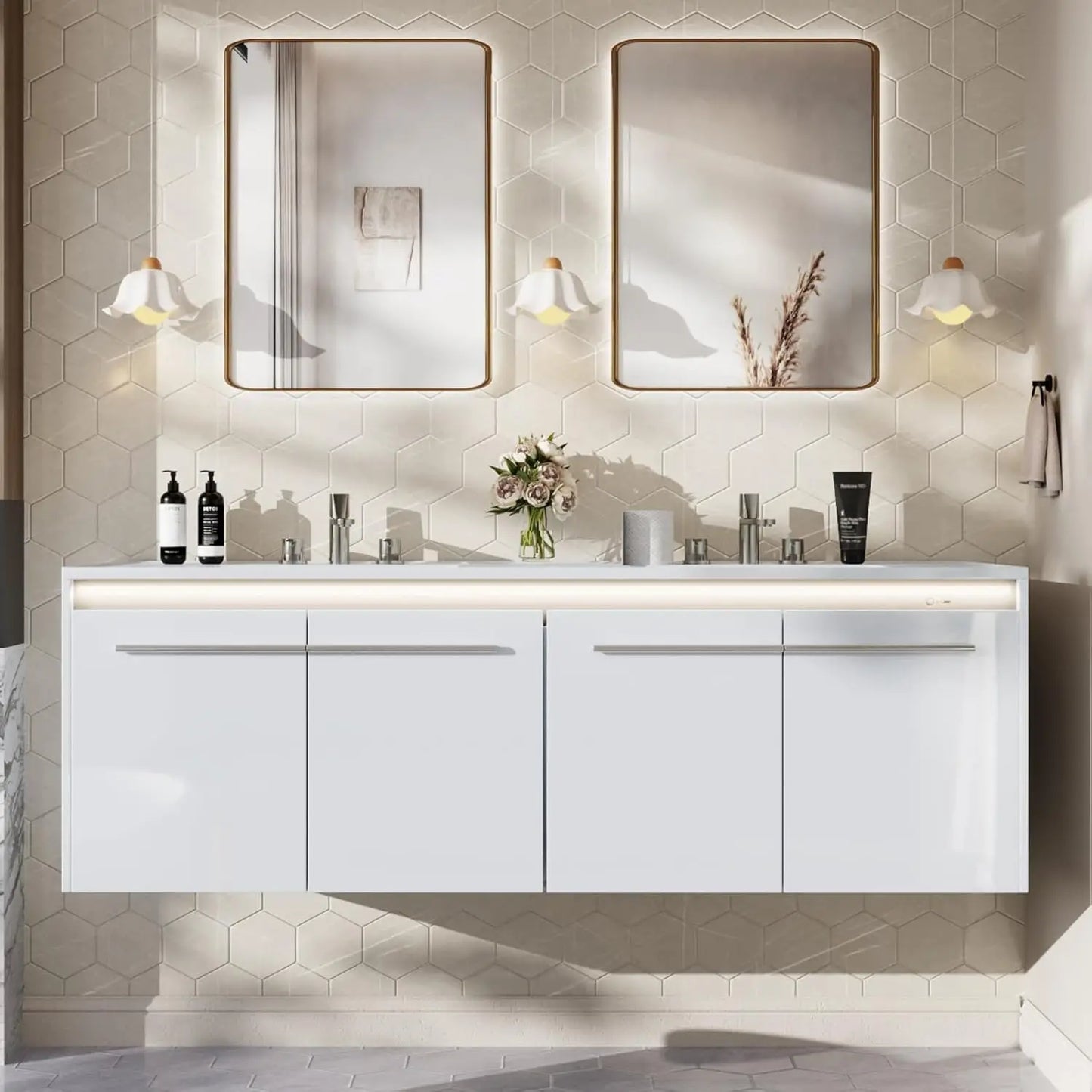 60" LED Floating Double Vanity cabinets with Sink, Wall Mounted