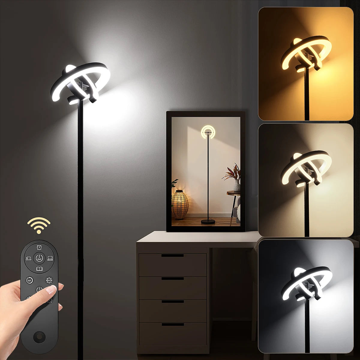 LED Floor Lamp, 2 Rotatable Lights, Remote/Touch Control