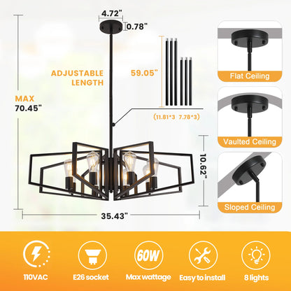 Modern 8-Light Chandelier Adjustable Height Metal/Black Frame