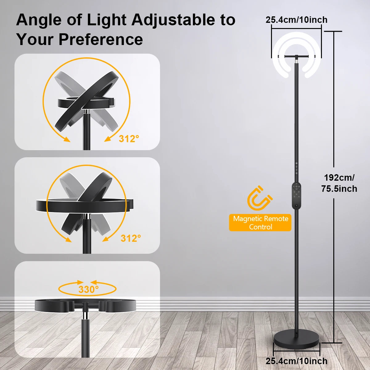 LED Floor Lamp, 2 Rotatable Lights, Remote/Touch Control