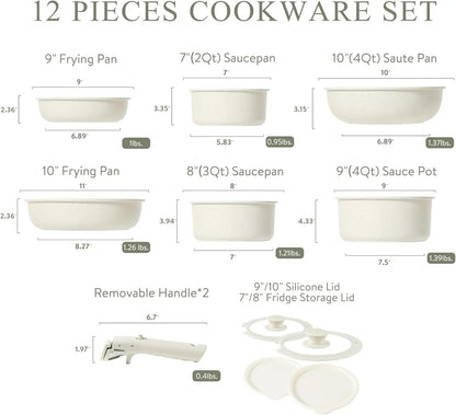 12pcs Pots and Pans Set, Nonstick Cookware Set Detachable Removable Handle