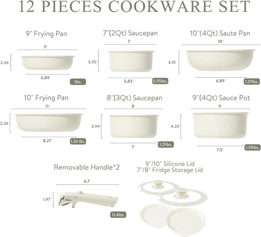 12pcs Pots and Pans Set, Nonstick Cookware Set Detachable Removable Handle